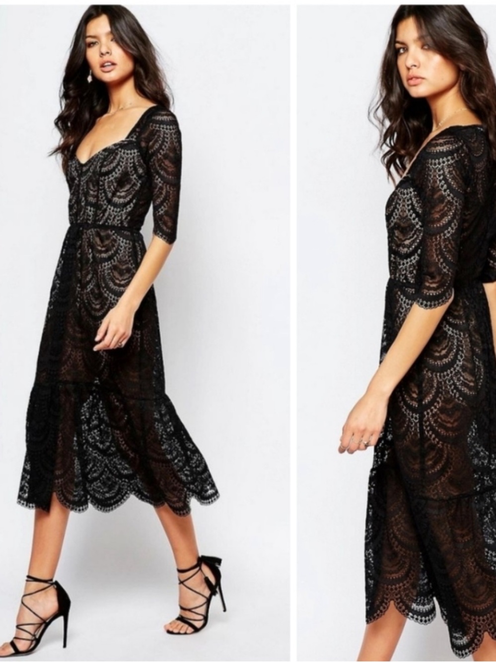 For Love & Lemons Rosalita Midi Dress – Size XS Lace Black & Nude